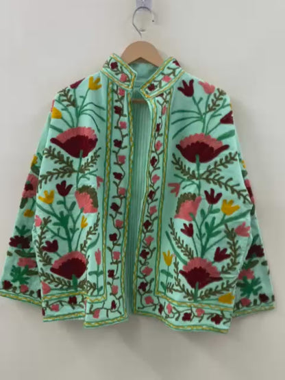 The Garden of Samarkand — Suzani-Inspired Hand-Embroidered Cotton Jacket — Mint & Crimson