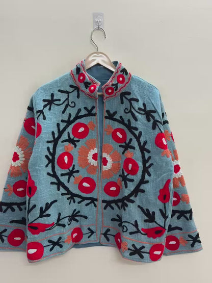 The Samarkand Bloom — Suzani Hand-Embroidered Cotton Jacket — Sky Blue with Crimson Pomegranates