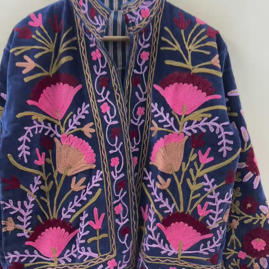 Suzani hand-embroidered midnight navy velvet jacket with tilla goldwork floral motifs, handcrafted by Jaipur artisans | Zoshak