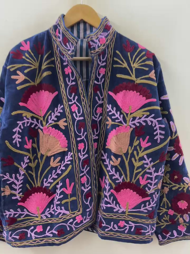 Suzani hand-embroidered midnight navy velvet jacket with tilla goldwork floral motifs, handcrafted by Jaipur artisans | Zoshak