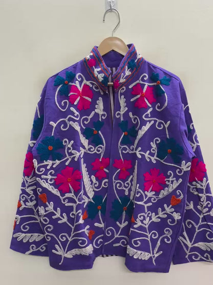The Violet Suzani — Hand-Embroidered Cotton Jacket — Deep Purple with Fuchsia & Teal Florals