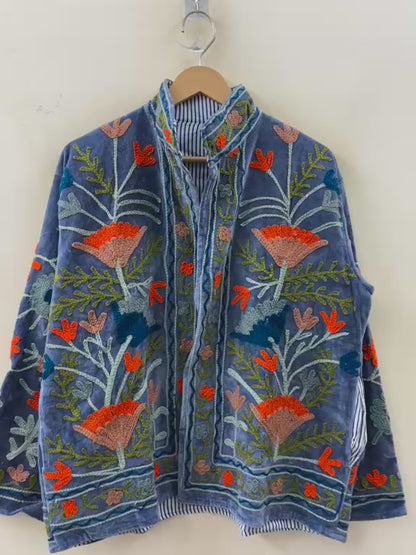 The Marigold Steppe — Suzani Embroidered Velvet Jacket — Indigo Blue