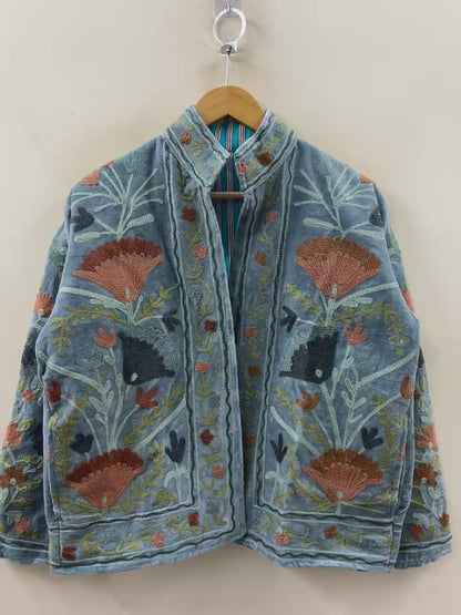 The Garden of Dusk — Suzani Hand-Embroidered Velvet Jacket — Washed Slate Blue