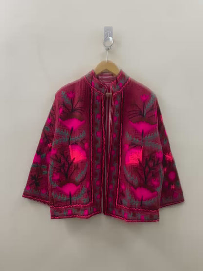 The Berry Suzani — Coral Flame — Hand-Embroidered Waffle Cotton Jacket