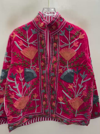 The Rani Reflection — Suzani Hand-Embroidered Velvet Jacket — Rani Pink with Rust, Slate & Olive Florals