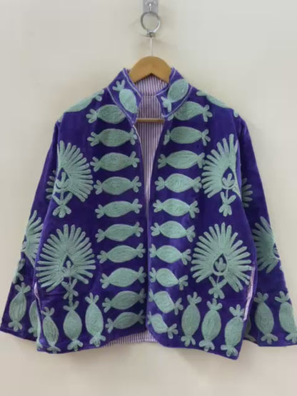 The Indigo Garden — Suzani Embroidered Velvet Jacket — Royal Violet & Sage Mint