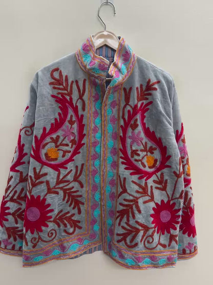 The Samarkand Bloom — Suzani Embroidered Velvet Jacket — Slate Grey with Crimson & Turquoise