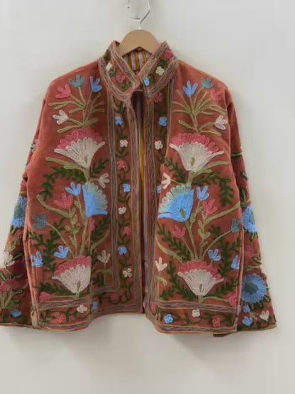 The Saffron Garden — Suzani Hand-Embroidered Velvet Jacket — Burnt Terracotta