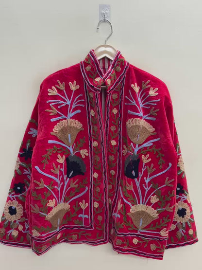 The Anaar Bloom — Suzani Embroidered Velvet Jacket — Crimson Red with Sage & Sand Florals