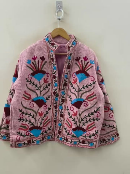 The Rose Garden Wanderer — Suzani-Inspired Hand-Embroidered Cotton Jacket — Dusty Rose Herringbone