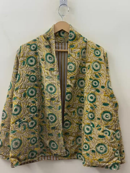 The Marigold Garden — Hand-Embroidered Corduroy Jacket — Golden Yellow with Emerald Florals