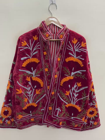 The Marigold Bagh — Suzani Embroidered Velvet Jacket — Deep Maroon with Marigold & Sky Blue Florals