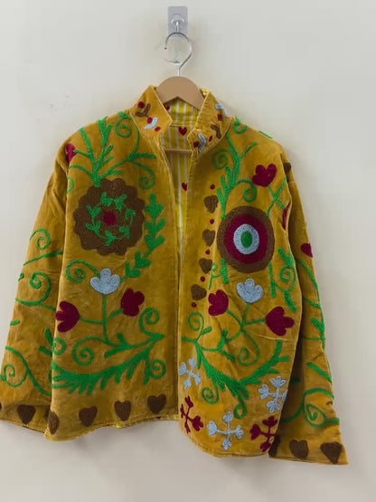 The Marigold Suzani — Hand-Embroidered Velvet Jacket — Turmeric Gold with Vine & Medallion Motifs