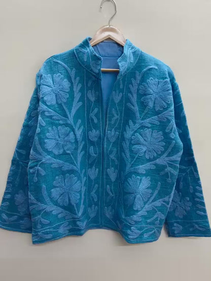 The Indigo Bloom — Aari Hand-Embroidered Cotton Jacket — Cerulean & Periwinkle