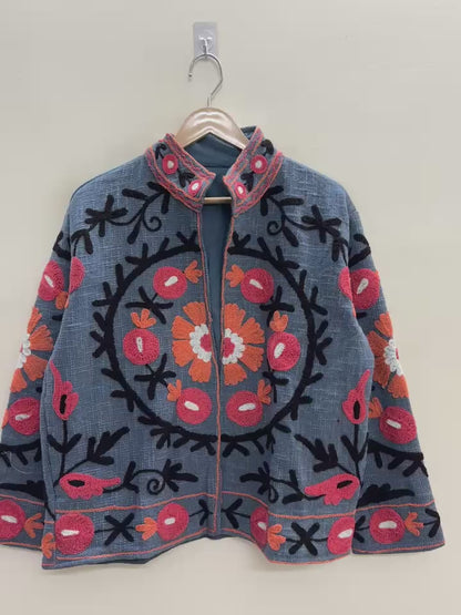 The Samarkand Bloom — Suzani Hand-Embroidered Cotton Jacket — Slate Blue with Coral & Marigold Florals