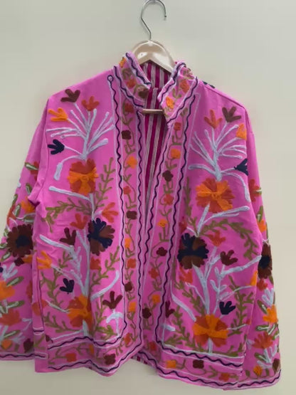 The Marigold Bloom — Suzani Embroidered Cotton Jacket — Fuchsia Pink