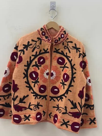 The Marigold Suzani — Hand-Embroidered Cotton Jacket — Saffron with Wine & Ivory Blooms