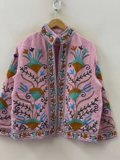 The Garden of Isphahan — Crewel Embroidered Cotton Jacket — Raspberry Herringbone