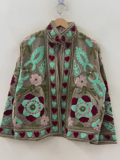 The Heart Garden — Suzani Hand-Embroidered Velvet Jacket | Dusty Taupe, Turquoise & Burgundy