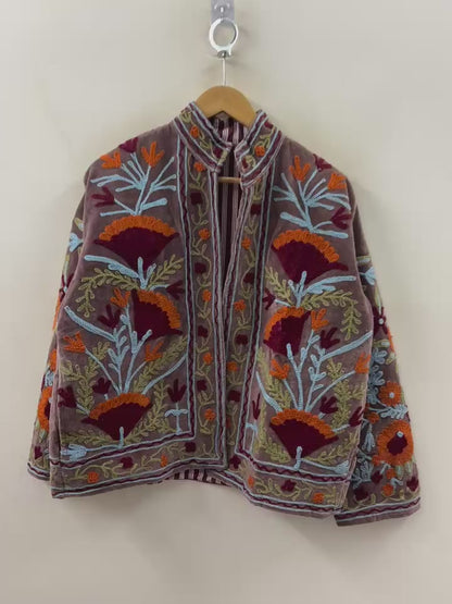 The Samarkand Bloom — Suzani Hand-Embroidered Velvet Jacket — Dusty Mauve