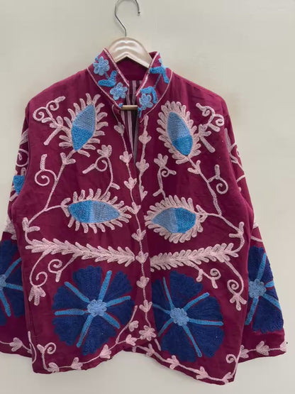 The Samarkand Bloom — Suzani Hand-Embroidered Cotton Jacket — Deep Maroon with Cornflower Blue