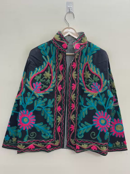 The Samarkand Bloom — Suzani Hand-Embroidered Cotton Jacket — Midnight Black with Teal, Fuchsia & Olive