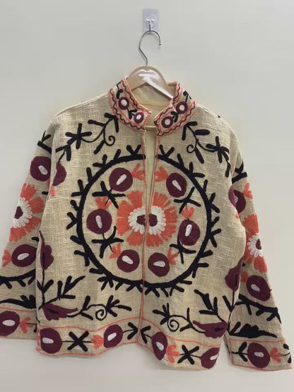 The Anaar Bagh — Suzani Embroidered Cotton Jacket — Ivory with Maroon & Marigold Blooms