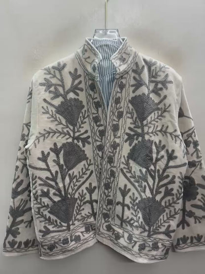 The Kashida Snowfield — Suzani Hand-Embroidered Velvet Jacket — Ivory with Dove Grey Florals