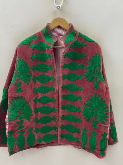 The Crimson Garden — Suzani Chain-Stitch Velvet Jacket — Madder Red & Forest Green