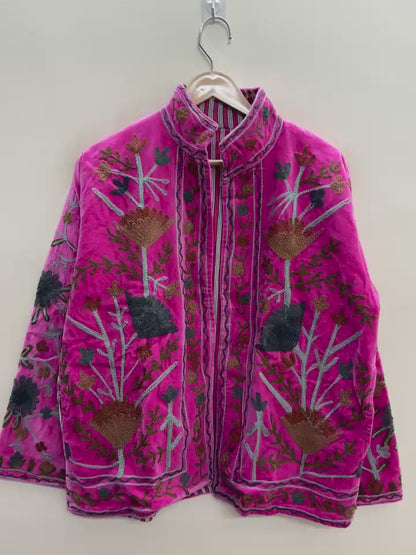 The Rani Bloom — Suzani Embroidered Velvet Jacket — Fuchsia Pink