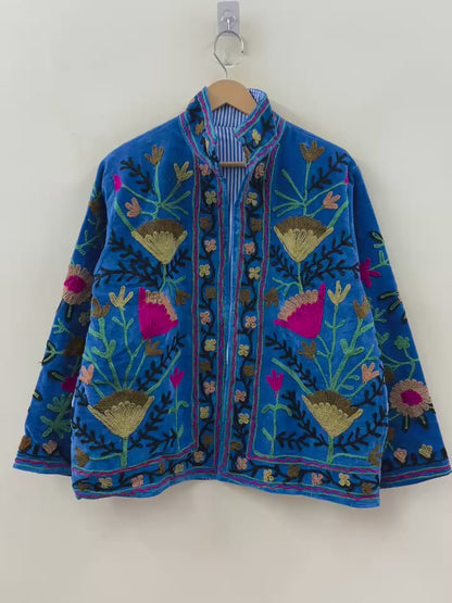 The Garden of Samarkand — Suzani-Embroidered Velvet Jacket — Cobalt Blue