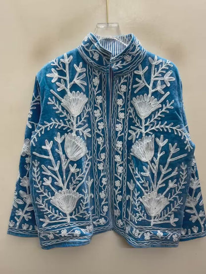 The Snowvine Thicket — Suzani Hand-Embroidered Velvet Jacket — Denim Blue with Ivory Floral Vinework