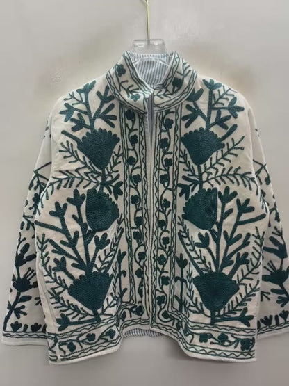 The Zumrud Bagh — Suzani Hand-Embroidered Velvet Jacket — Ivory with Deep Teal Florals