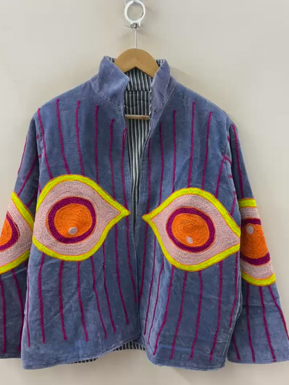 The Awakened Eye — Suzani Hand-Embroidered Velvet Jacket — Slate Blue with Saffron & Magenta