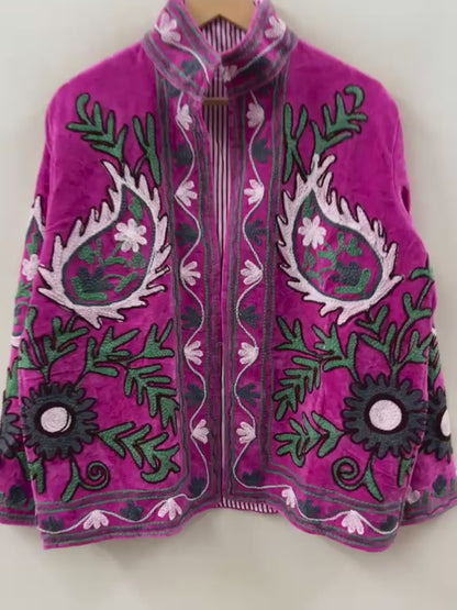 The Pomegranate Garden — Suzani Hand-Embroidered Velvet Jacket | Fuchsia Magenta