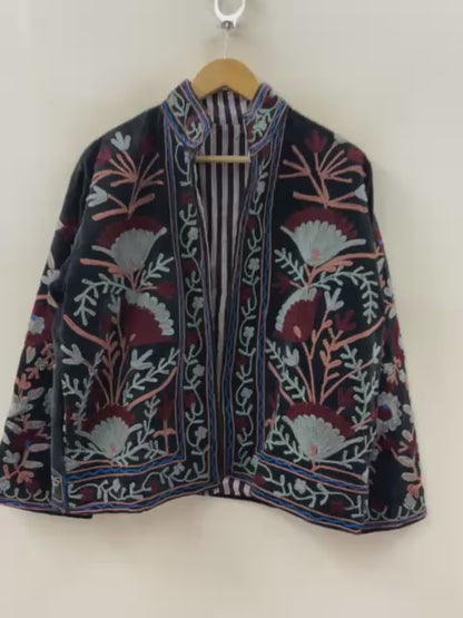 The Midnight Garden — Suzani Hand-Embroidered Velvet Jacket — Noir with Dusty Rose, Slate & Burgundy
