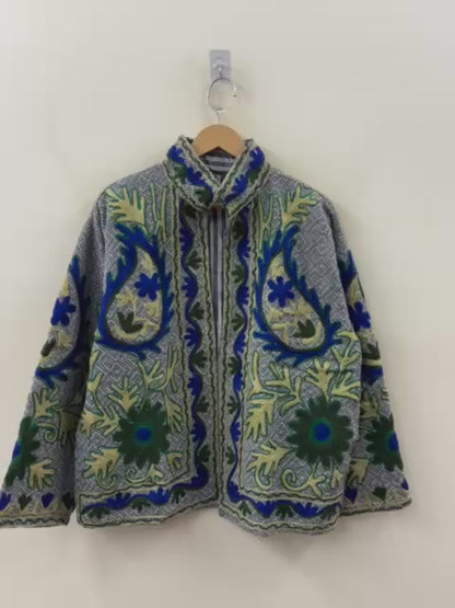 The Indigo Garden — Suzani-Embroidered Cotton Jacket — Slate Blue & Forest Green