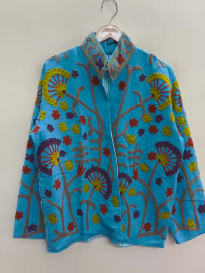 The Turquoise Oasis — Suzani Crewel-Embroidered Cotton Jacket — Sky Blue with Mustard, Rust & Plum