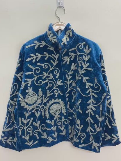 The Anar Bagh — Suzani-Embroidered Velvet Jacket — Peacock Teal with Ivory Vinework