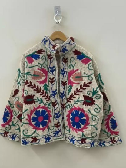 The Garden Mandala — Suzani-Embroidered Cotton Jacket — Ivory Herringbone