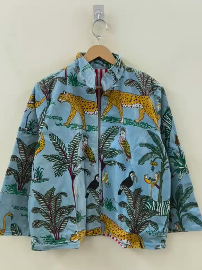 The Jungle Darbar — Block Printed Velvet Jacket — Sky Blue & Ochre