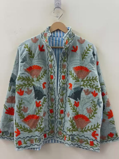 The Duskwing Bloom — Suzani Embroidered Velvet Jacket — Powder Blue