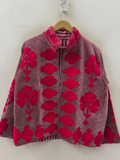 The Gulbahar — Suzani Hand-Embroidered Velvet Jacket — Dusty Rose & Crimson