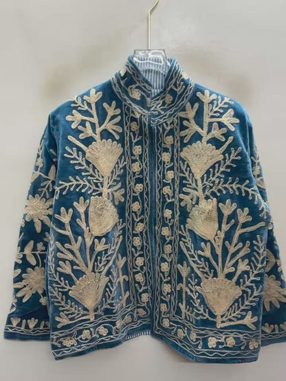 The Tulip Steppe — Suzani Hand-Embroidered Velvet Jacket — Steel Blue with Ivory Tulip Blooms