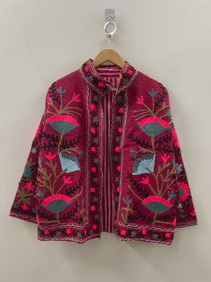 The Crimson Suzani — Neon Edition — Hand-Embroidered Waffle Cotton Jacket