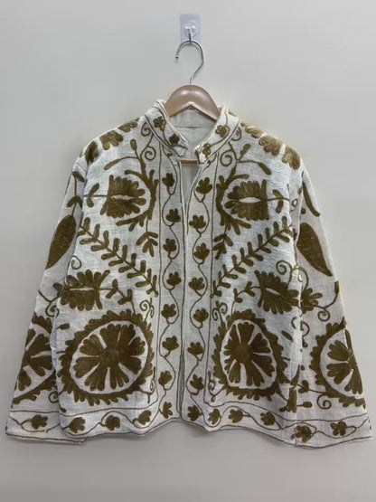 The Bibi Marigold — Suzani Hand-Embroidered Cotton Jacket — Ivory & Olive Gold