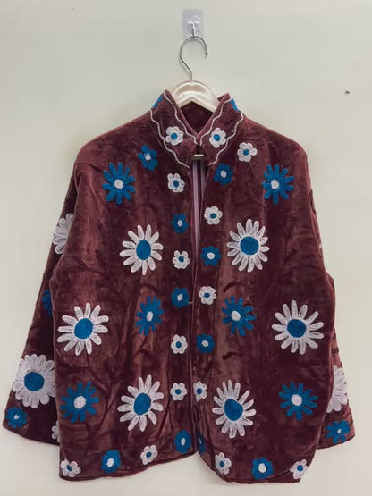 The Marwar Bloom — Suzani Embroidered Velvet Jacket — Rust Brown with Cobalt & Ivory Florals