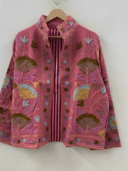 The Gulbahar — Crewel Embroidered Cotton Jacket — Faded Rose