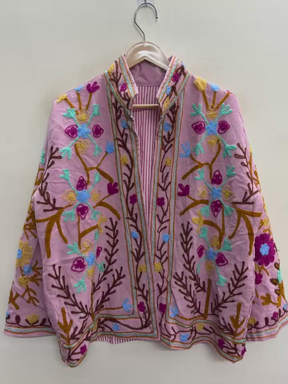 The Blossom Trellis — Suzani-Style Hand-Embroidered Cotton Jacket — Blush Pink