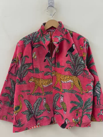 The Jungle Durbar — Block-Printed Velvet Jacket — Coral Rose